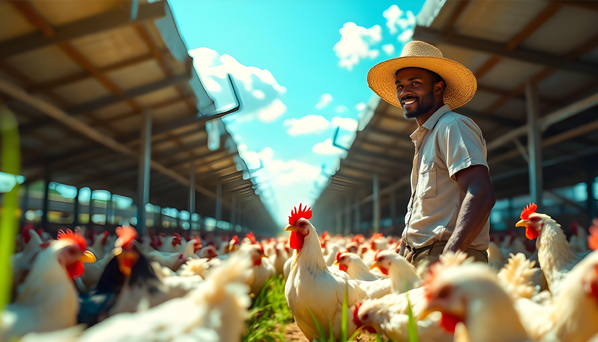 A farmer at A2 Farms working with poultry