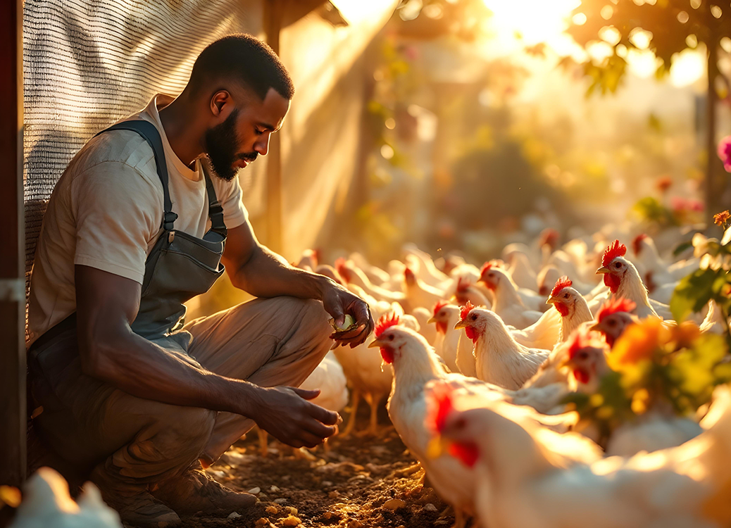 A farmer working with broilers at A2 Farms